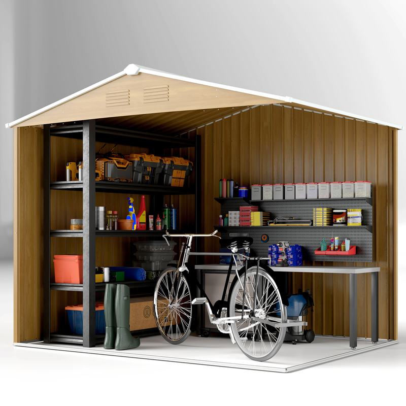 Outsunny 8 x 6ft Outdoor Garden Storage Shed, Metal Tool House with Ventilation and Sliding Doors Chocolate Wood Effect