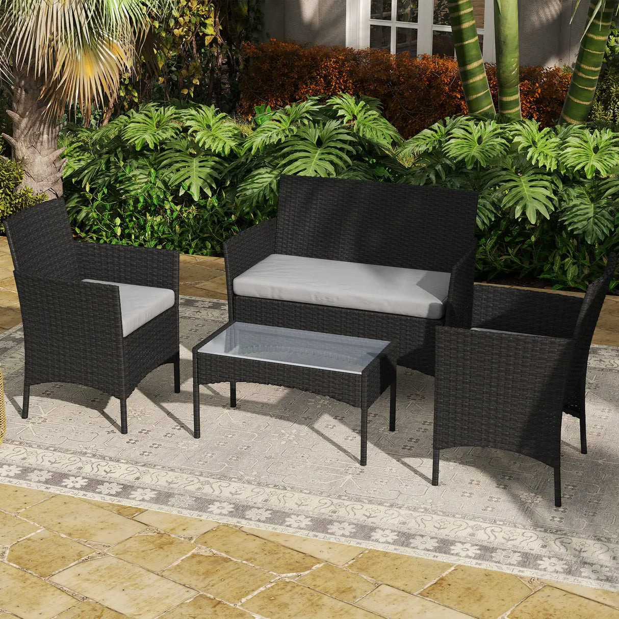 Outsunny 4 Piece Rattan Garden Furniture Sofa Set with Loveseat, Armchairs, Glass-Top Coffee Table and Cushions, Black