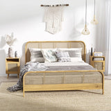 HOMCOM Bedside Table with Rattan Element, Side End Table with Shelf and Cupboard, 39cmx35cmx60cm, Set of 2, Natural