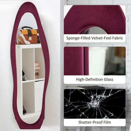 HOMCOM Wavy Velvet-Feel Full Length Mirror - Wine Red