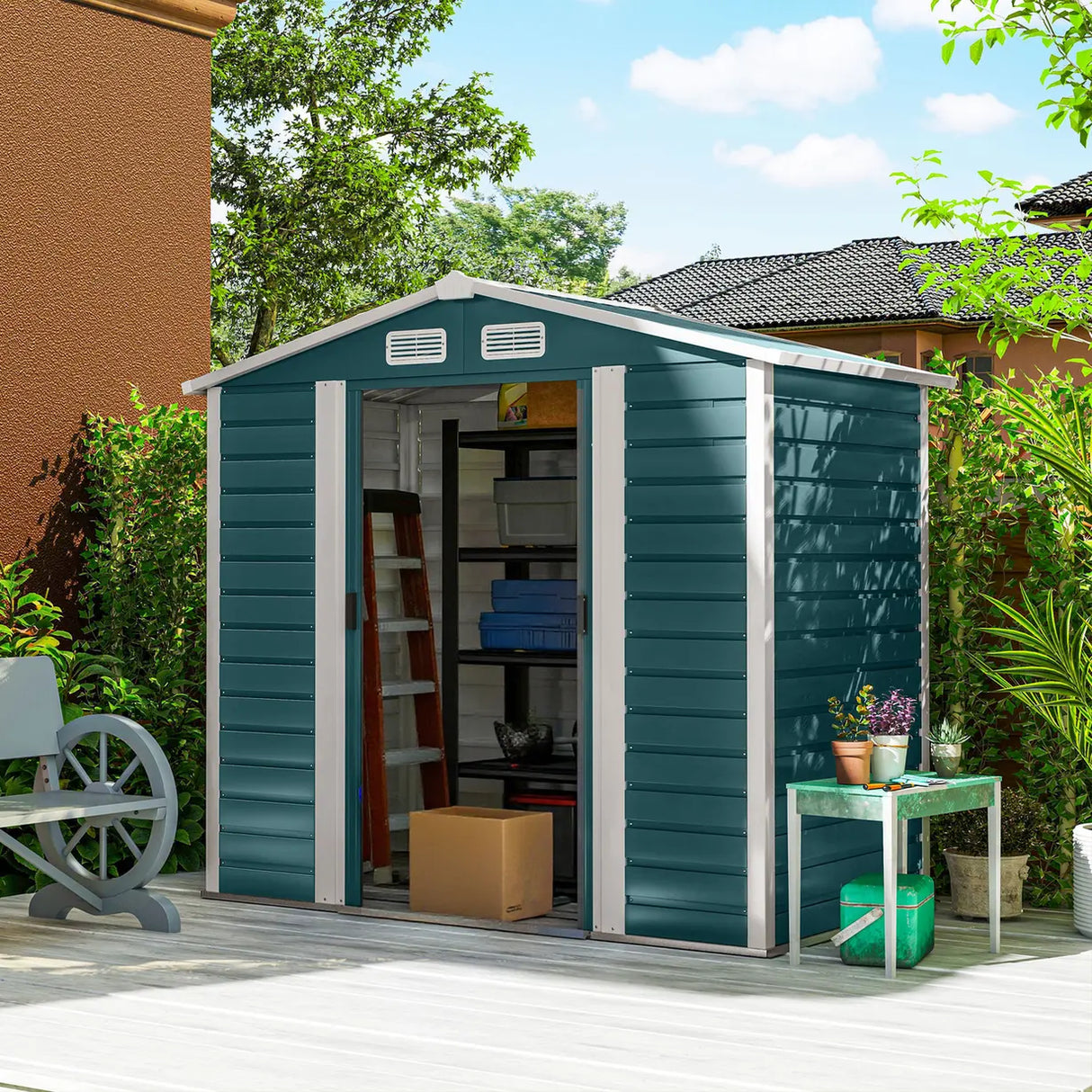 Outsunny 7 x 4ft Garden Shed, Easy to Assemble, Upgraded Galvanised Steel Frame with Foundation Kit, Double Doors with Lock, Outdoor Metal Shed with Vents and Gloves, Garden Storage Shed, Green