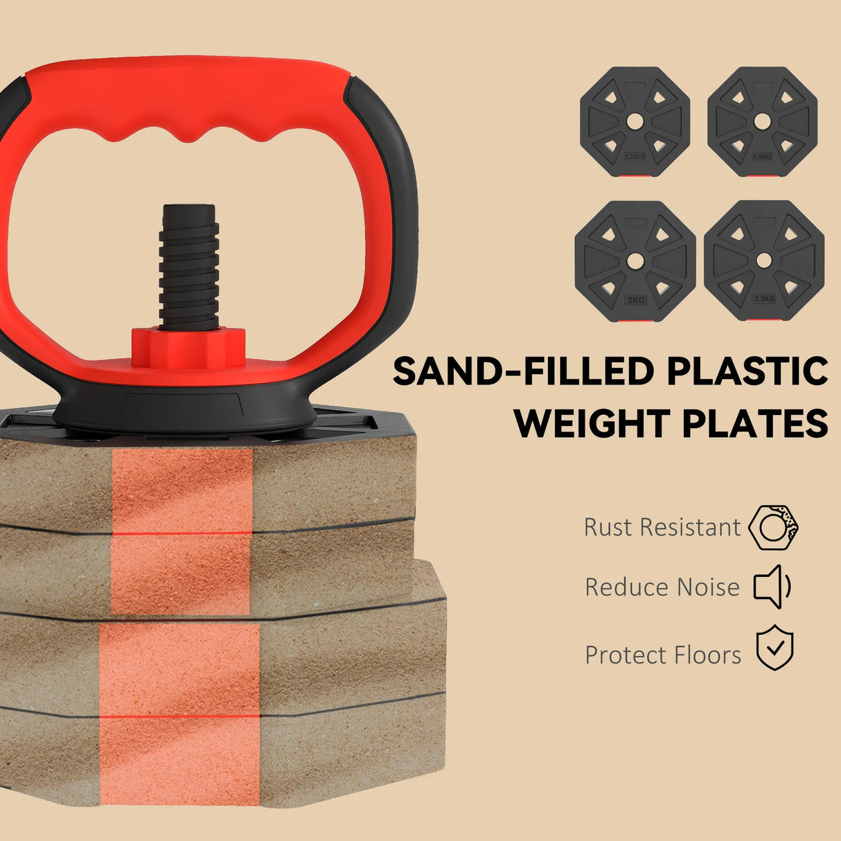 SPORTNOW 4-in-1 Adjustable Weight Dumbbells Set, Used as Kettlebell, Barbell, Dumbbell, Push-Up Stand, 30kg Free Weights Set for Men and Women Home Gym Training, Red