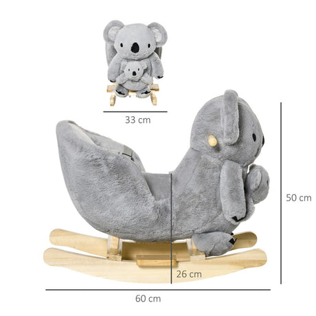 HOMCOM Kids Toddler Rocking Horse Plush Ride On Koala Rocker Wooden Base Seat Safety Belt w/ Gloved Doll Toy for 18-36 Months Grey