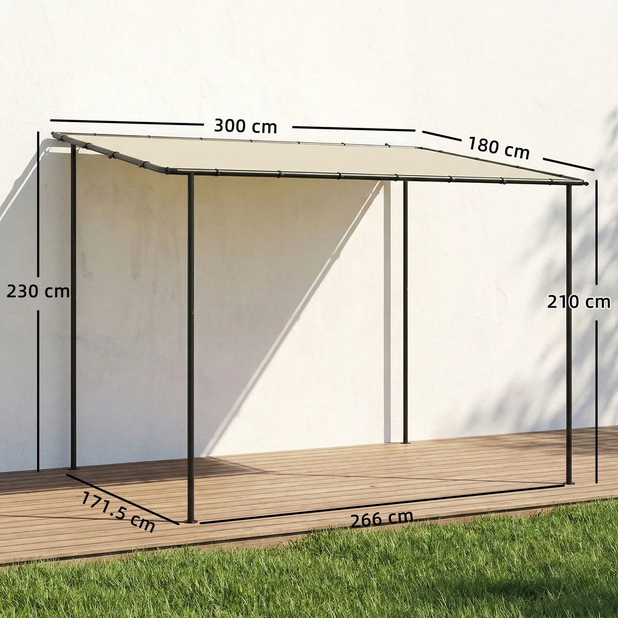 Outsunny 3 x 2 m Lean to Garden Pergola, Metal Frame Gazebo Pergola with UPF30+ Protection, Sloped Roof, Drainage Holes, Cream