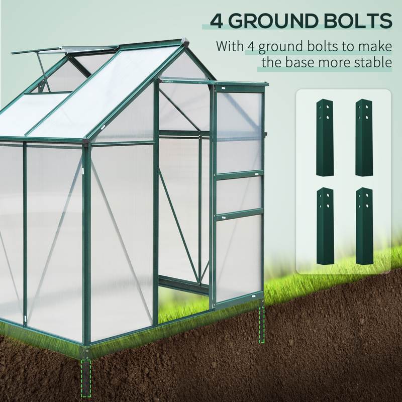 Outsunny 6 x 4ft Polycarbonate Greenhouse, Large Walk-In Green House with Slide Door and Window, Garden Plants Grow House with Aluminium Frame and Foundation, Dark Green