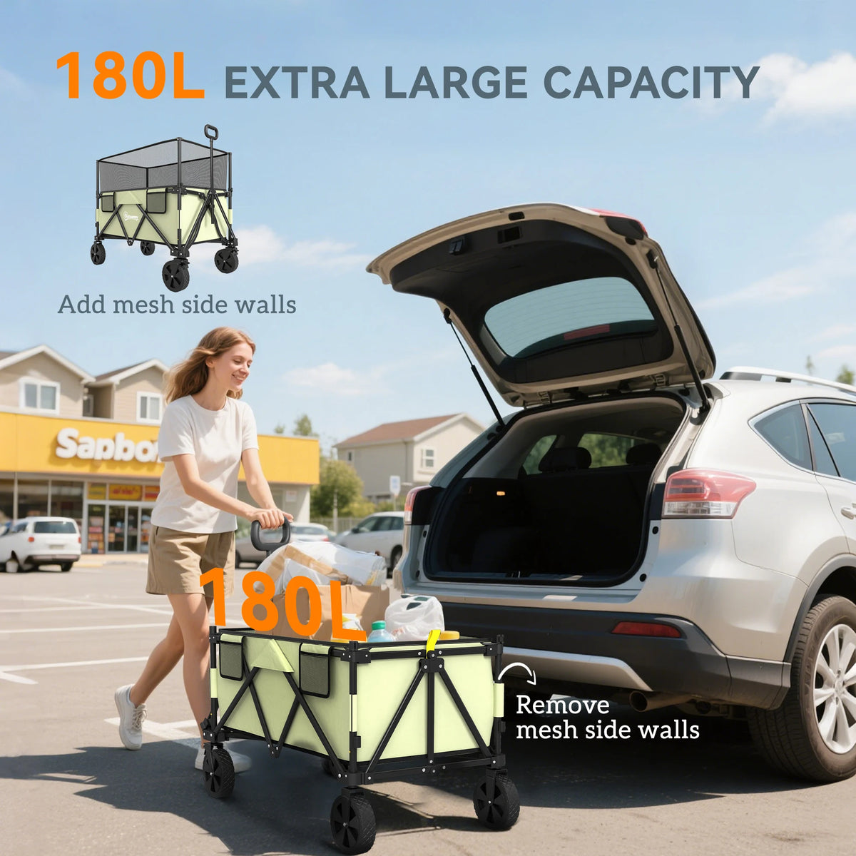 Outsunny Folding Garden Trolley, 180L Wagon Cart with Extendable Side Walls, for Beach, Camping, Festival, Green