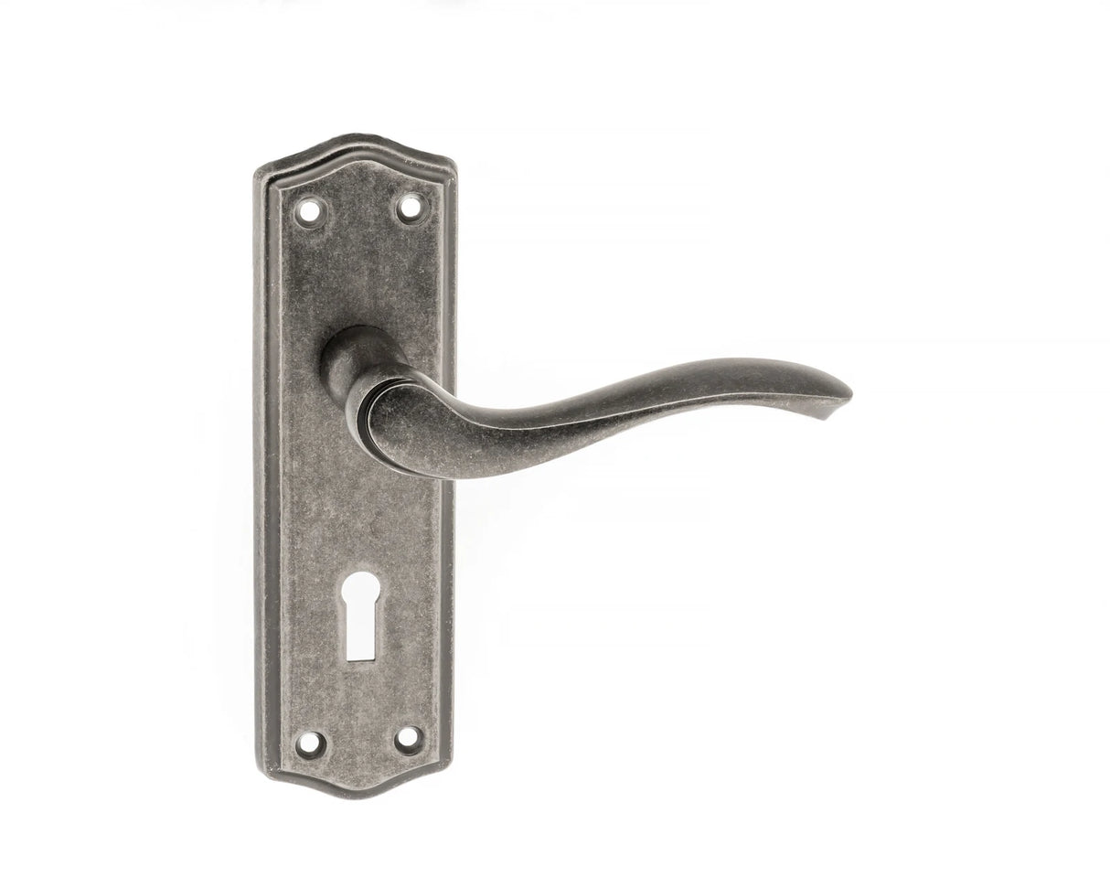 Old English Warwick Key Lever Door Handle on Backplate - Distressed Silver - Set