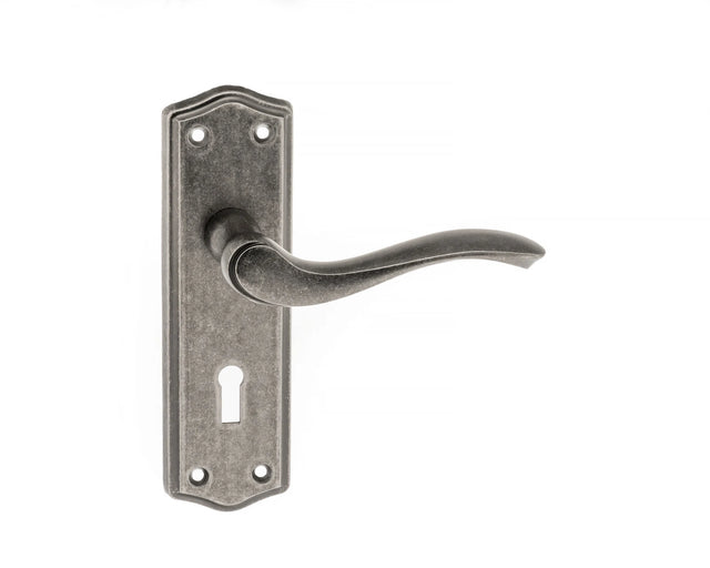 Old English Warwick Key Lever Door Handle on Backplate - Distressed Silver - Set