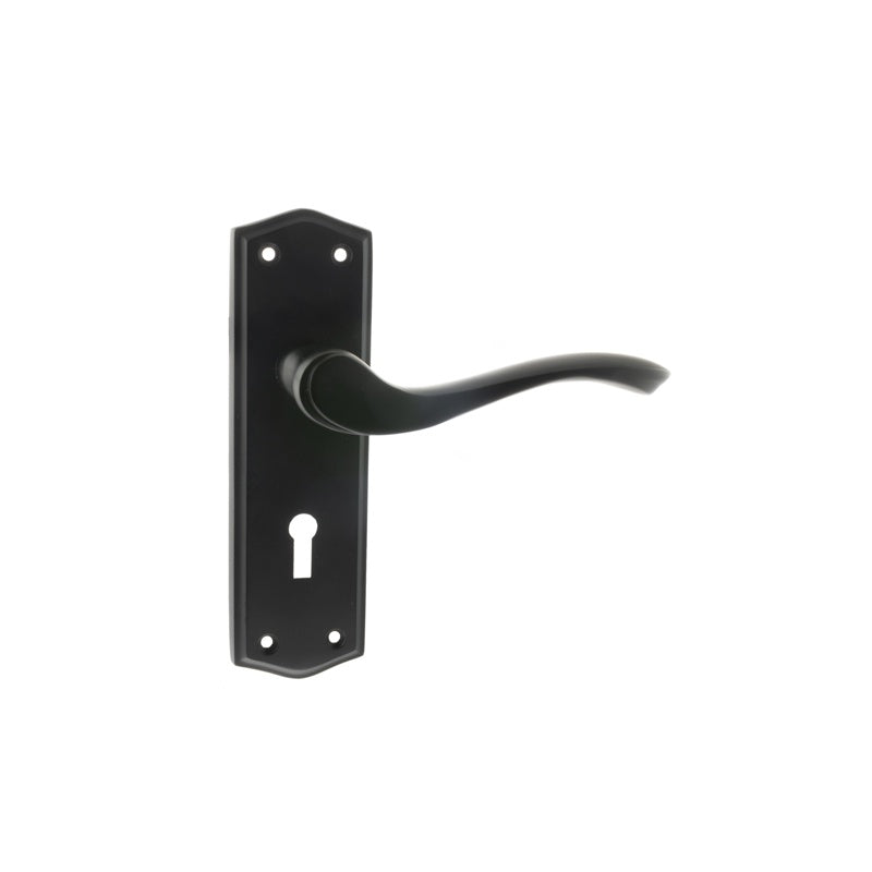 Old English Warwick Key Lever Door Handle on Backplate - Matt Black - Set