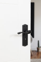 Old English Warwick Key Lever Door Handle on Backplate - Matt Black - Set