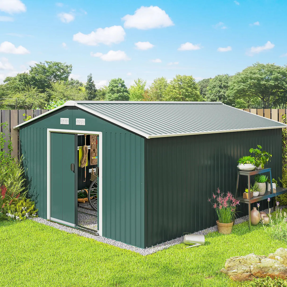 Outsunny 12.5 x 11.1ft Steel Sliding Door Storage Shed - Green
