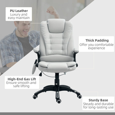 HOMCOM 6-Point Massage Office Chair with Seat Heated for Home Office, PU Leather High Back Executive Desk Chair with Adjustable Height and 360 Swivel for Work Study, Light Grey
