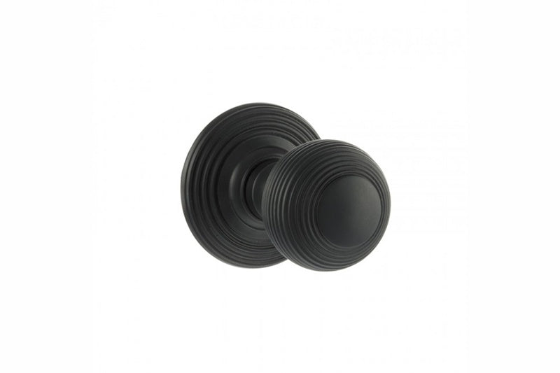 Old English Ripon Solid Brass Reeded Mortice Knob on Concealed Fix Rose - Matt Black - Set