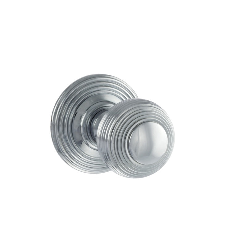 Old English Ripon Solid Brass Reeded Mortice Knob on Concealed Fix Rose - Polished Chrome - Set