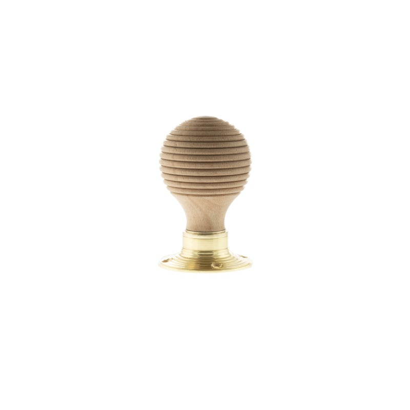 Old English Bridlington Wood Reeded Beehive Door Knob on Face Fix Rose - Polished Brass - Set