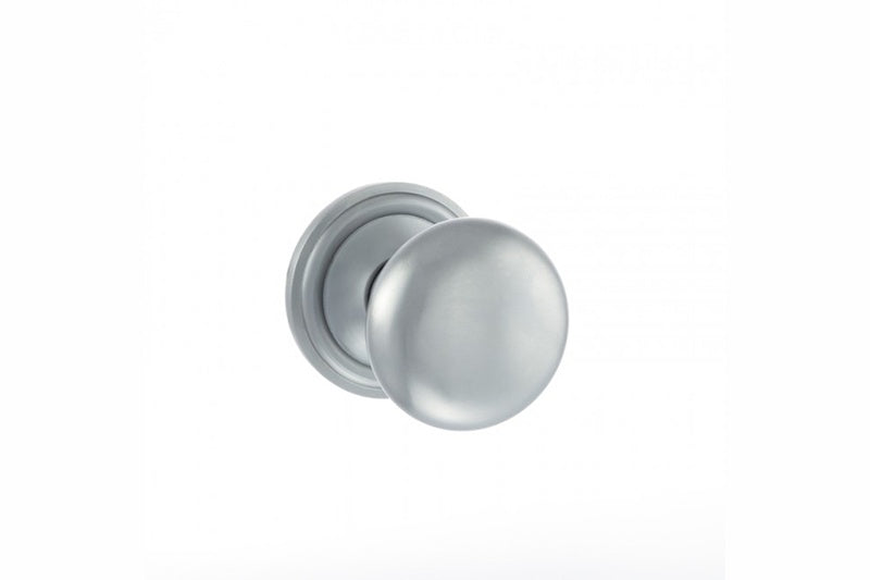 Old English Harrogate Solid Brass Mushroom Mortice Knob on Concealed Fix Rose - Satin Chrome - Set