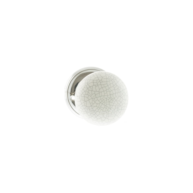 Old English Skipton Porcelain White Crackle Door Knob on Face Fix Rose - Polished Chrome - Set