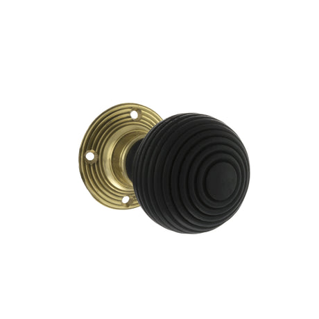 Old English Whitby Ebony Wood Reeded Beehive Mortice Knob on Face Fix Rose - Polished Brass - Set