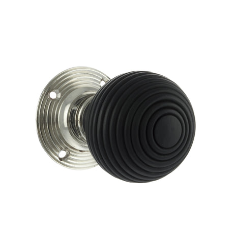 Old English Whitby Ebony Wood Reeded Beehive Mortice Knob on Face Fix Rose - Polished Nickel - Set