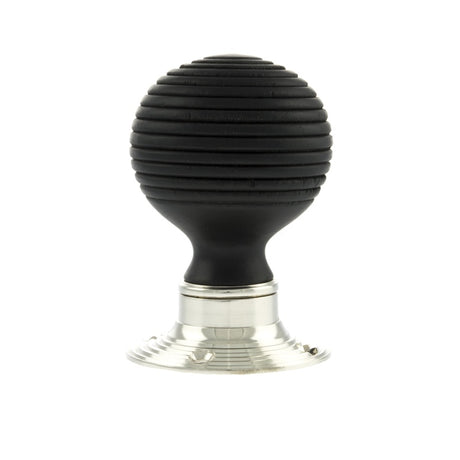 Old English Whitby Ebony Wood Reeded Beehive Mortice Knob on Face Fix Rose - Polished Nickel - Each