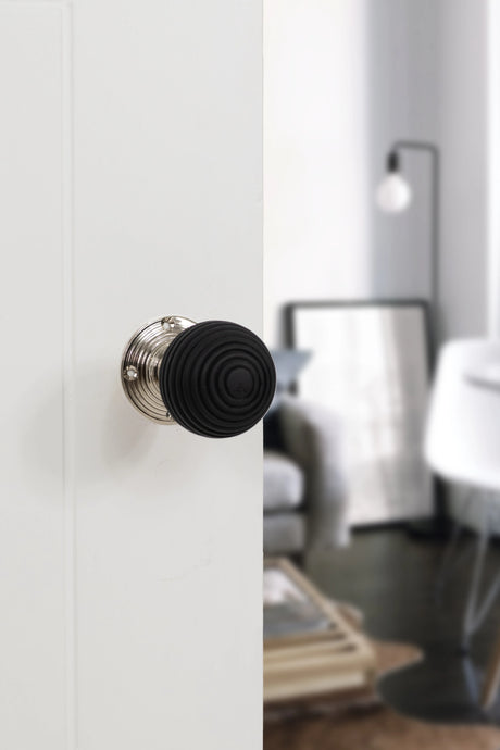 Old English Whitby Ebony Wood Reeded Beehive Mortice Knob on Face Fix Rose - Polished Nickel - Set