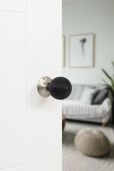 Old English Whitby Ebony Wood Reeded Beehive Mortice Knob on Face Fix Rose - Satin Nickel - Set