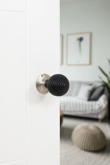 Old English Whitby Ebony Wood Reeded Beehive Mortice Knob on Face Fix Rose - Satin Nickel - Set