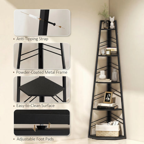 HOMCOM Corner Bookcase, 5-Tier Floor Standing Bookshelf, Shelving Unit for Living Room, Study, Bedroom, Black