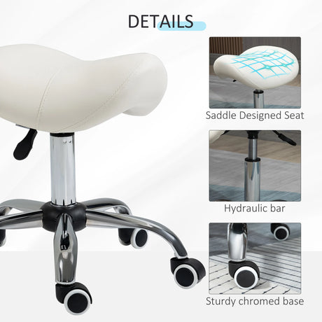 HOMCOM Cosmetic Stool 360 Rotate Height Adjustable Salon Massage Spa Chair Hydraulic Rolling Faux Leather Saddle Stool, Cream