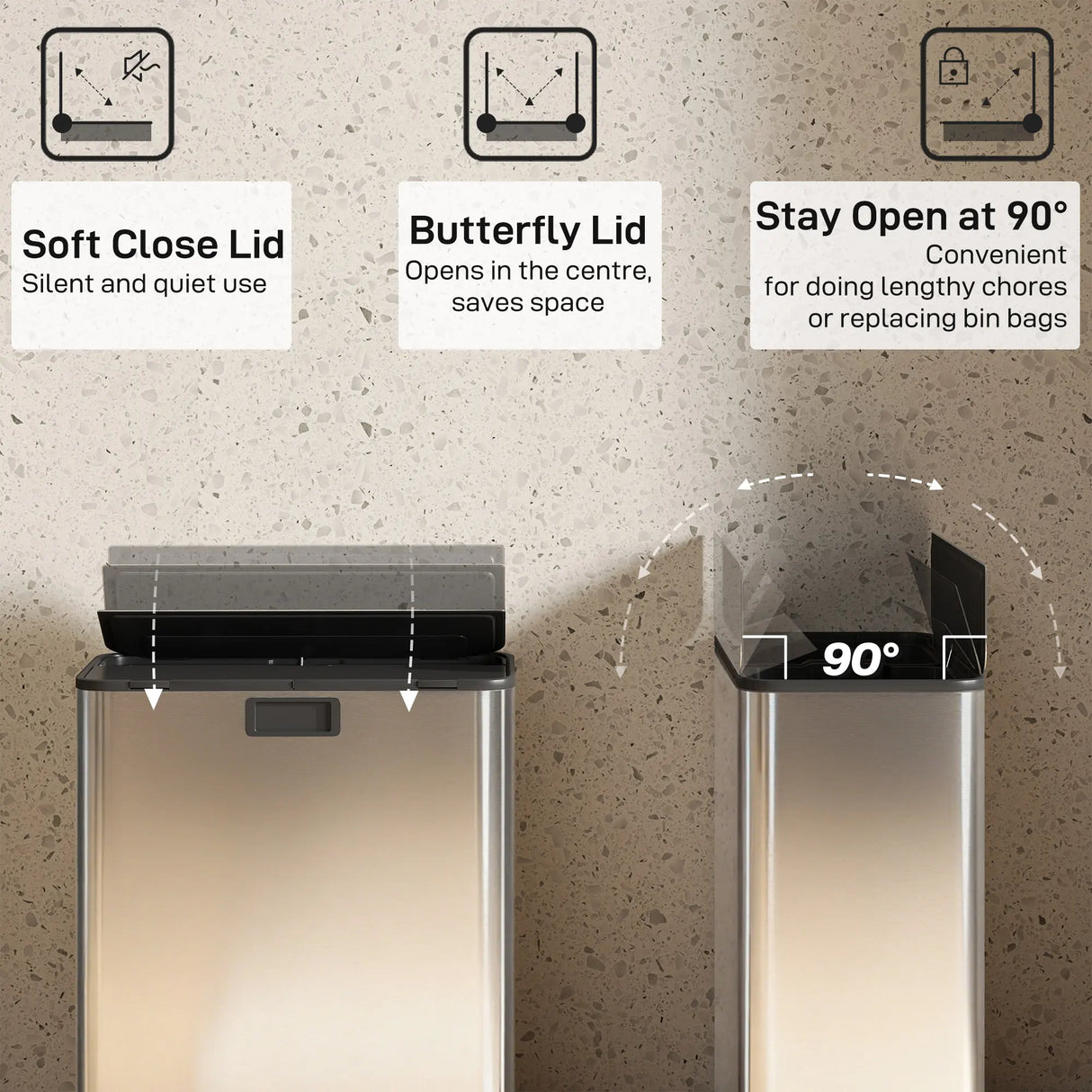 HOMCOM Dual Kitchen Bin with Soft-Close Butterfly Lid, 2 x 28L Stainless Steel Pedal Bin with Removable Inner Buckets, Fingerprint-Proof for Recycling and Waste, Silver Tone