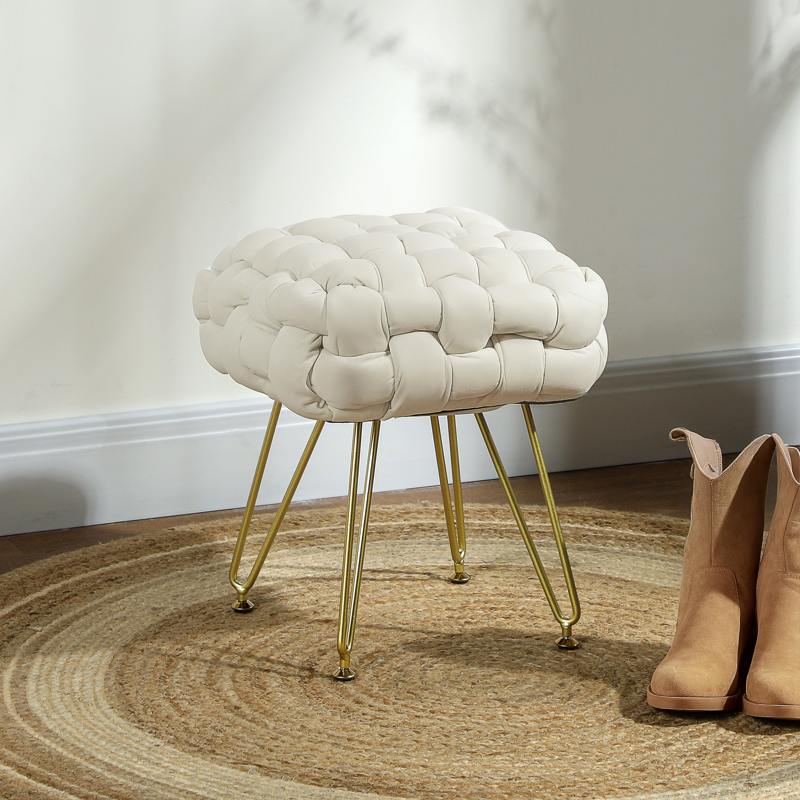 HOMCOM Velvet-Feel Bold Woven Footstool - Cream White