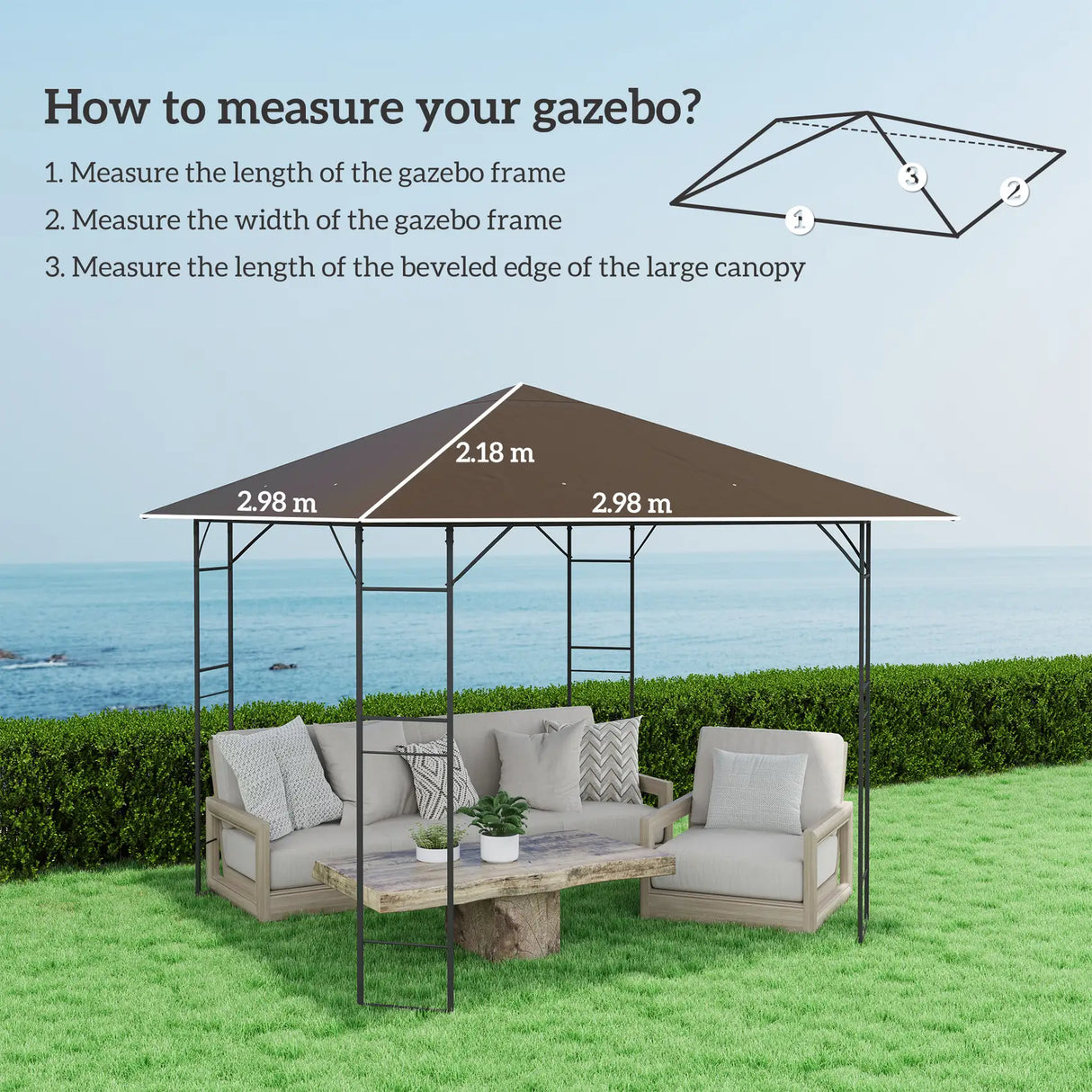 Outsunny 3 x 3(m) Gazebo Canopy Replacement Cover, Garden Gazebo Roof Replacement with Drain Holes, Water-resistant Plastic Coating, 370g/, UPF30+, TOP COVER ONLY, Brown