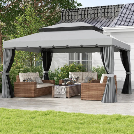 Outsunny 3 x 4m Aluminium Garden Gazebo, Marquee Canopy Shelter Pavilion Party Tent with Nets and Curtains for Garden and Deck, Light Grey