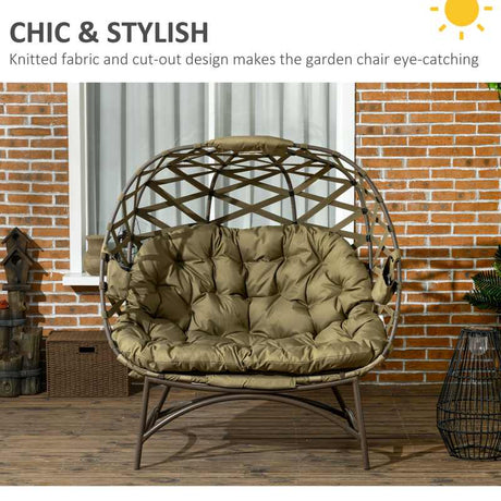 Outsunny 2 Seater Egg Chair Outdoor, Folding Weave Garden Furniture Chair with Cushion, Cup Pockets - Khaki