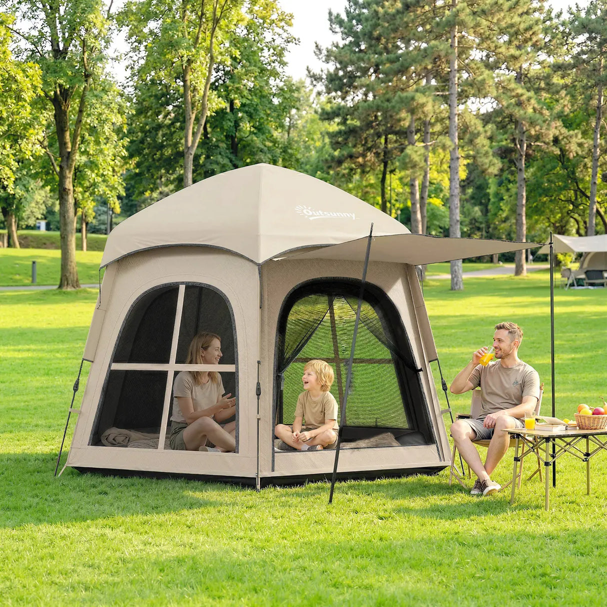 Outsunny Pop Up Tent 3000mm Waterproof Instant Camping Tent 3-4 Person with 2 Doors 4 Windows Khaki