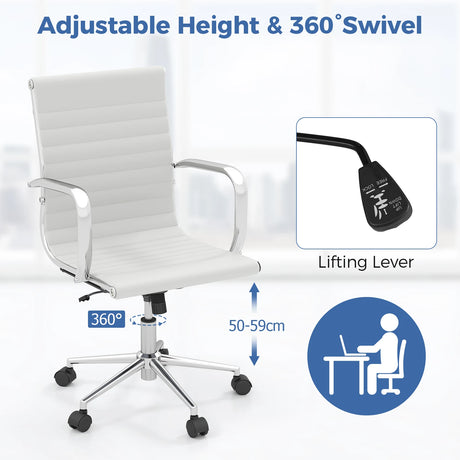 Ribbed Executive Office Chair Adjustable Swivel PU Leather Conference Chair-White