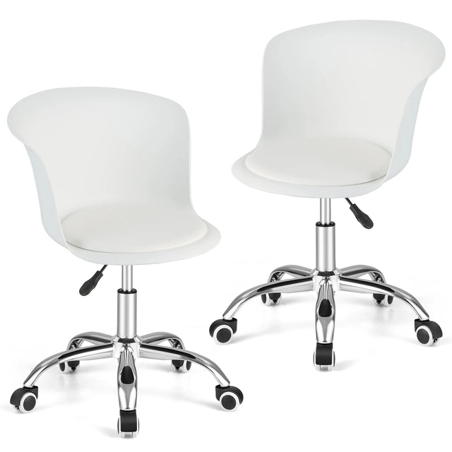 Set of 2 Office Desk Chair with Ergonomic Backrest and Soft Padded PU Leather Seat-White