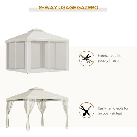 Outsunny 3 x 3 m Metal Gazebo, Garden Pavillion, Double Roof Outdoor Canopy Shelter with Mesh Sidewalls, Cream White