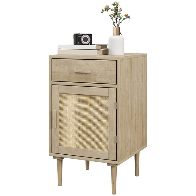 HOMCOM Bedside Table, Rattan Side Tables with Drawer, Cabinet and Adjustable Shelf, Boho Bedside Cabinet with Storage for Bedroom, Living Room, Natural Wood Effect