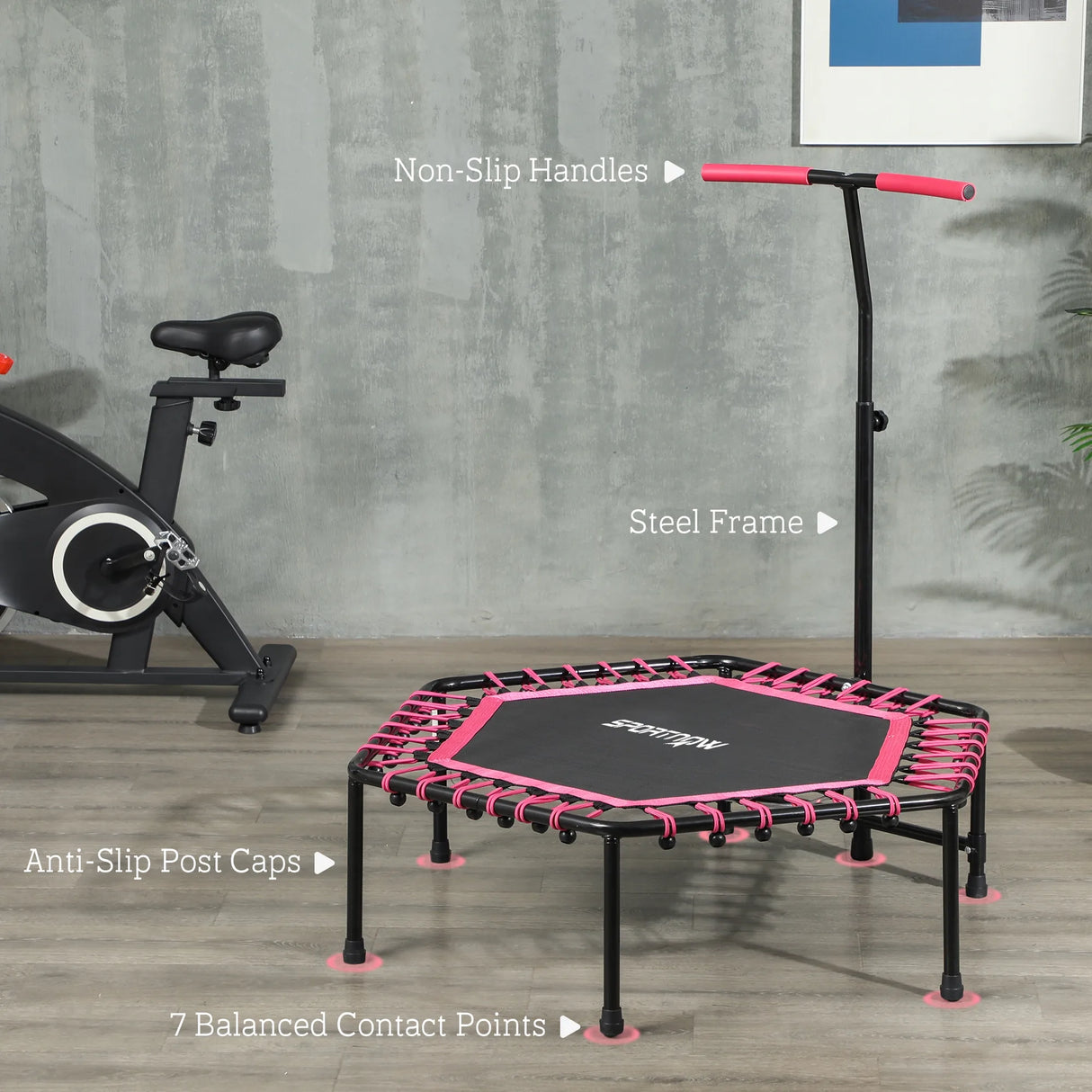 SPORTNOW 45" Rebounder Trampoline for Adults, Quiet Bungee Rebounder with LED Lights and Adjustable Handle, Pink
