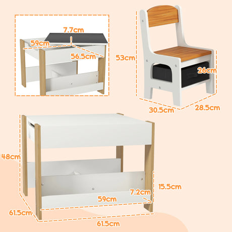 HOMCOM Three-Piece Kids Table and Chair Set with Blackboard, Storage, Bookshelves - Natural Wood