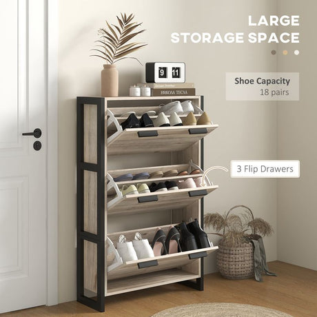 HOMCOM Shoe Storage Cabinet with 3 Flip Drawers Adjustable Shelf 18 Pairs Narrow Shoe Cupboard for Entryway Natural Wood-effect