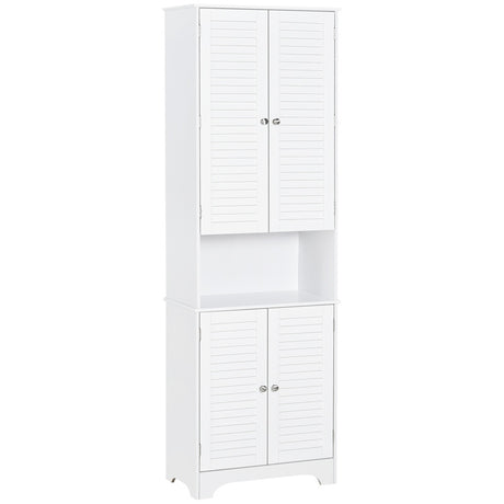 HOMCOM Tall Freestanding Bathroom Cabinet Retro Shutters w/ 3 Compartments Shelves Elevated Base Narrow Organiser White 60L x 30W x 182.5H cm