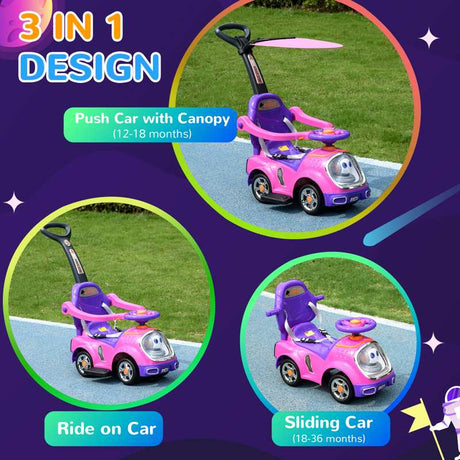 AIYAPLAY 3 in 1 Ride on Push Car, Cartoon Robot Theme Foot to Floor Slider w/ Handle Light Music Horn, Storage - Pink