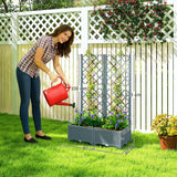 Outsunny Raised Garden Bed with Trellis, Plastic Planter Box with Drainage Holes, Drain Plugs and Water Reservoirs for Climbing Plants, Vegetables, Flowers, Grey