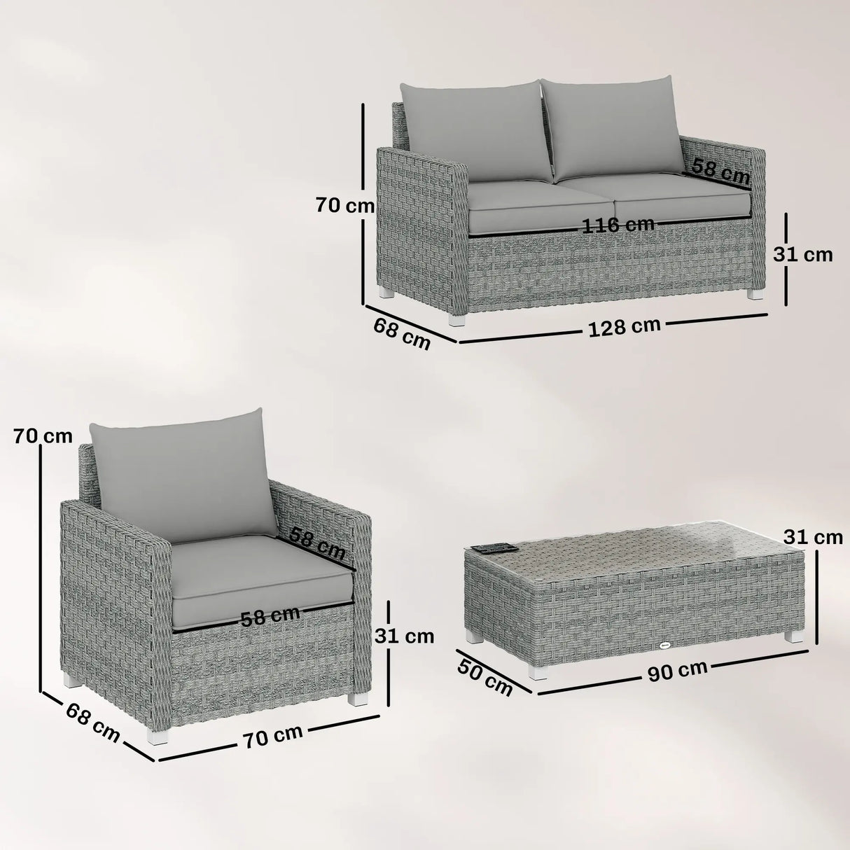Outsunny 4 Piece Rattan Garden Furniture Set with Loveseat, 2 Armchairs, Glass-Top Table, Wicker Patio Conversation Set, Grey