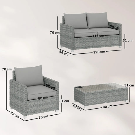 Outsunny 4 Piece Rattan Garden Furniture Set with Loveseat, 2 Armchairs, Glass-Top Table, Wicker Patio Conversation Set, Grey