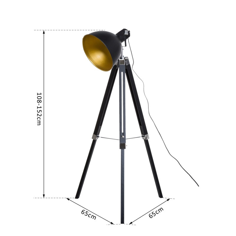 HOMCOM Tripod Floor Lamp, Spotlight Reading Lamp w/ Adjustable Height, Angle, Wood Legs for Living Room, Bedroom, Home, Office, Black and Gold