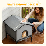 PawHut Outdoor Cat House, Waterproof Insulated Cat Kennel with Elevated Base, Foldable Feral Kitty Shelter for Kittens, Grey