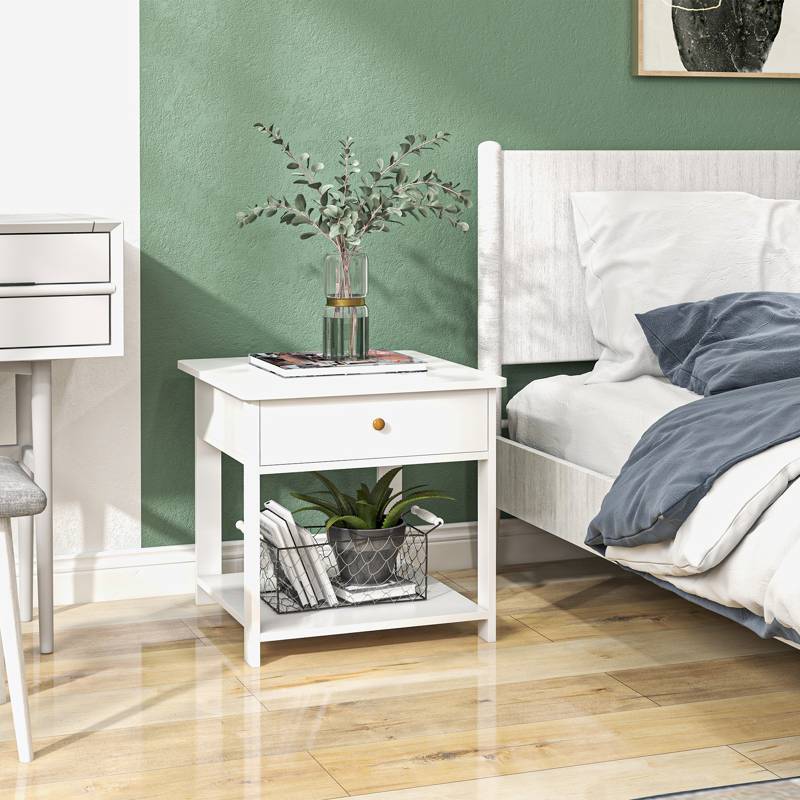 HOMCOM Bedside Table with Drawer and Bottom Shelf, Square Side End Table for Bedroom, Living Room, White, Set of 2